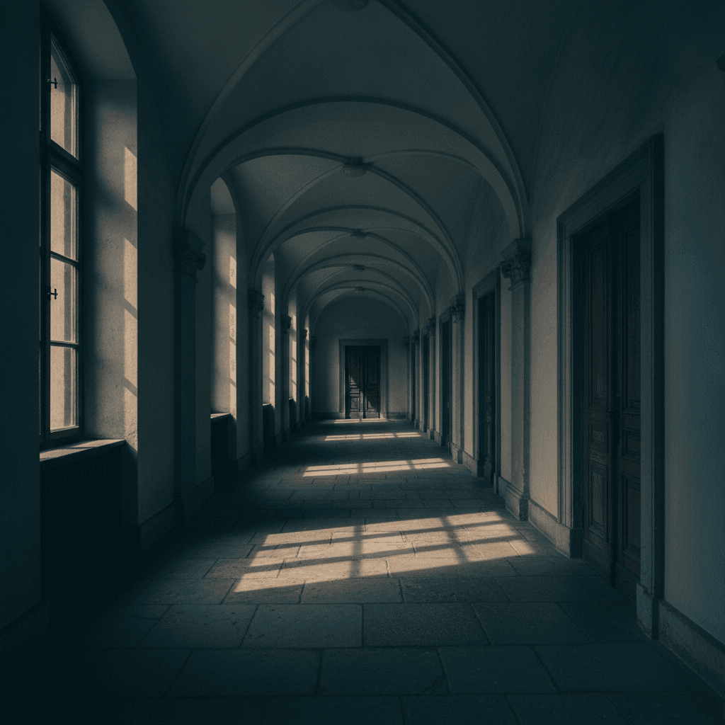 Langer Flur mit Kreuzgewölbe, hohen Fenstern und Steinboden im Seitenlicht