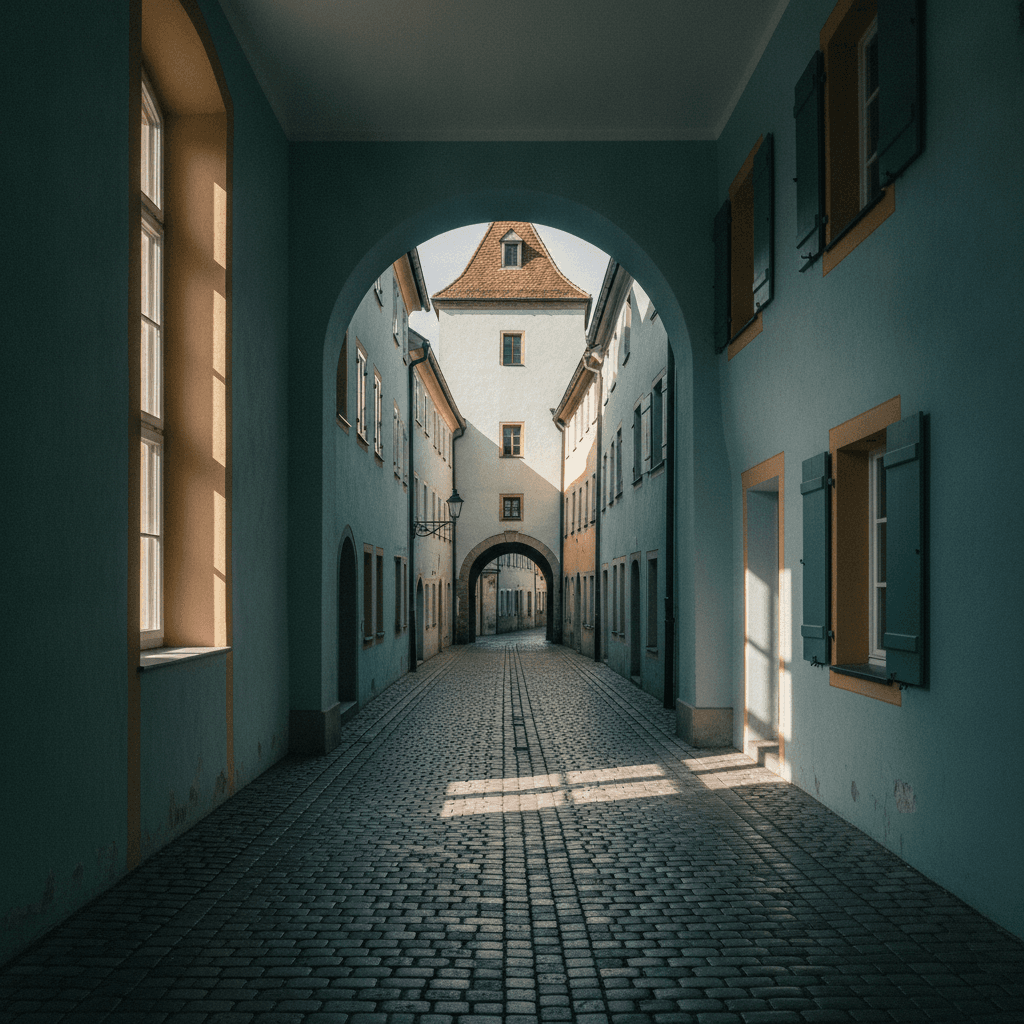 Schmale, gepflasterte Altstadtgasse mit Torbogen und einem Turm am Ende